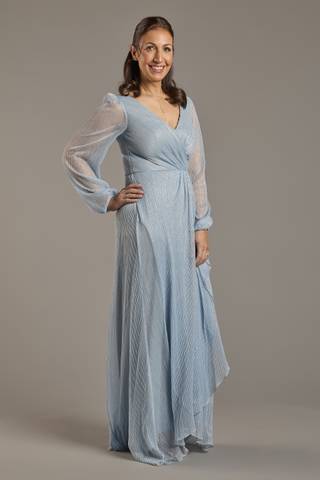 Picture of Glitter Knit Blouson Sleeve Dress with Cascade